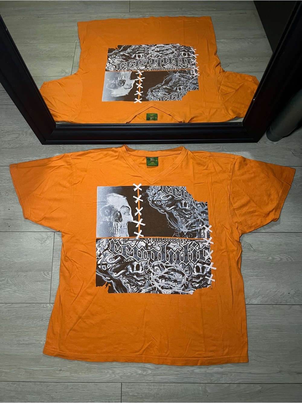 Y2K 2000s Hillside Skeleton & Old English Barbed Wire Graphic V - Neck Shirt